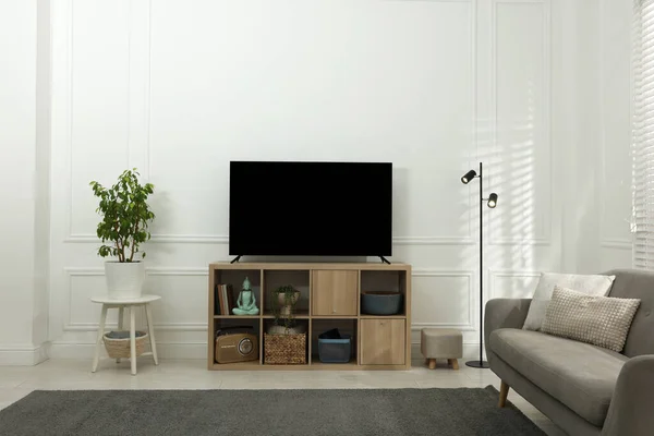 Modern TV on cabinet, sofa and beautiful houseplant indoors. Interior design
