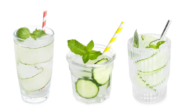 Set Glasses Refreshing Cucumber Water White Background — ストック写真