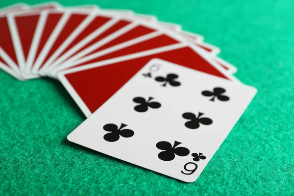 Playing Cards Six Clubs Green Table Closeup — Foto de Stock