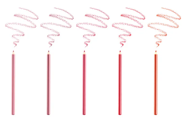 Set Bright Lip Pencils Strokes White Background Top View — 스톡 사진