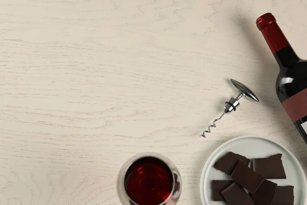 Flat Lay Composition Tasty Red Wine Chocolate White Wooden Table — Fotografia de Stock