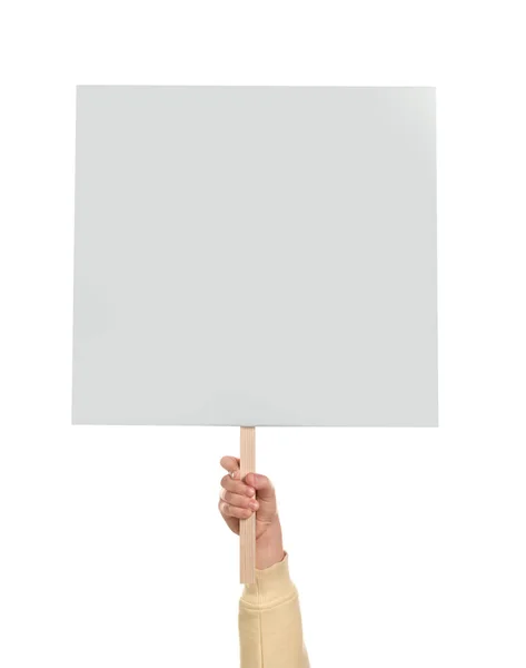 Woman Holding Blank Protest Sign White Background Closeup — Stock Photo, Image