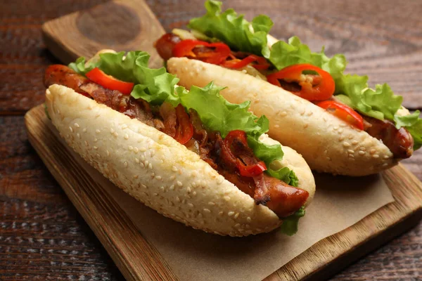 Tasty Hot Dogs Wooden Table Closeup Fast Food — 图库照片