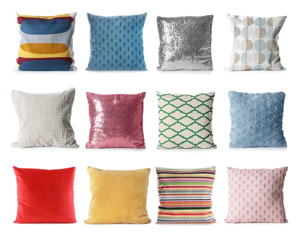 Set Different Stylish Decorative Pillows White Background — Foto de Stock