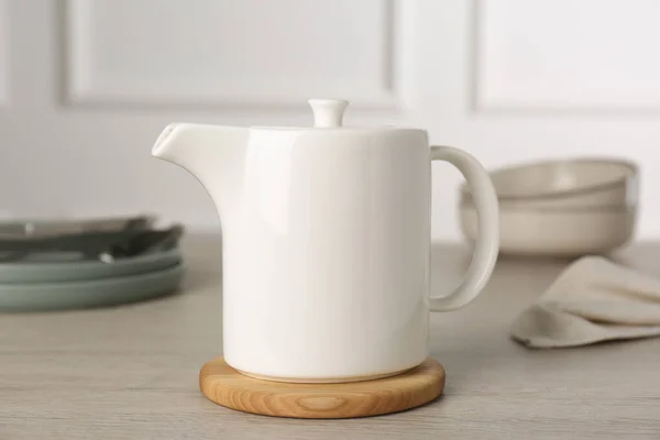 Ceramic Teapot Wooden Table Clean Dishware — Stockfoto