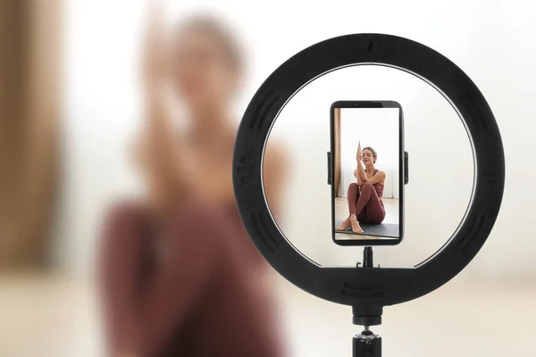 Young Woman Practicing Yoga Selective Focus Ring Light Smartphone Display — 스톡 사진