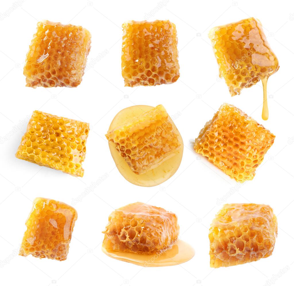 Set with fresh delicious honeycombs on white background