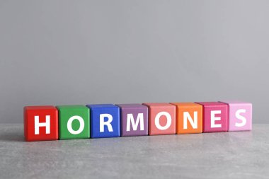 Kelime HORMONES gri masa üzerinde renkli küpleri ile yapılır