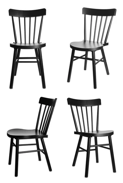 Beyaz Arkaplanda Şık Siyah Sandalyelerle Ayarlandı — Stok fotoğraf