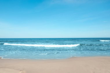 Güneşli bir günde bulanık deniz ve kumlu plaj manzarası