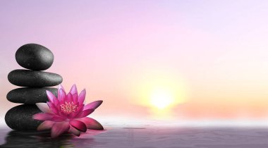 Zen, meditation, harmony. Beautiful lotus flower and stack of stones on water surface, space for text
