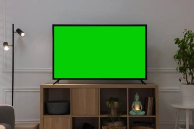 Dolapta modern televizyon, zemin lambası ve kapalı alanda ışık duvarı yakınında güzel bitkiler. İç tasarım