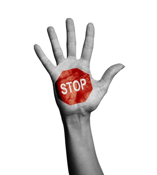 Жінка Показує Долоні Намальованим Знаком Stop Білому Тлі Крупним Планом — стокове фото