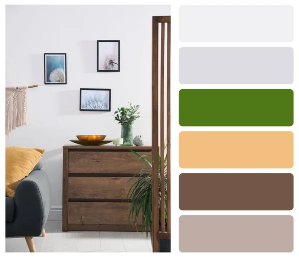 Color Palette Photo Stylish Living Room Interior Modern Furniture Collage — 스톡 사진