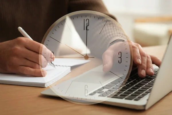 Double Exposure Man Working Laptop Clock — Stockfoto