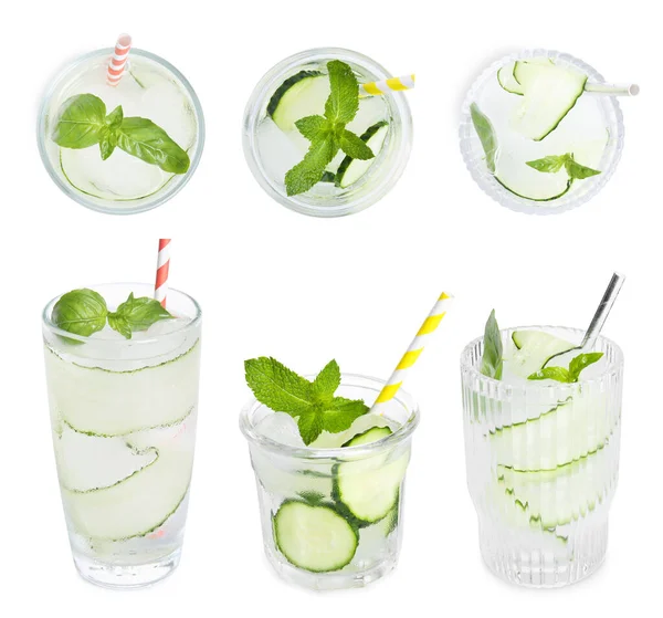 Set Glasses Refreshing Cucumber Water White Background Top Side Views — Foto de Stock