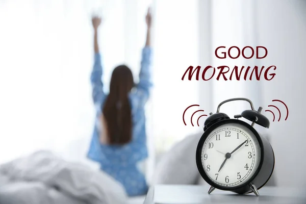 Good Morning Young Woman Stretching Home Focus Alarm Clock — ストック写真