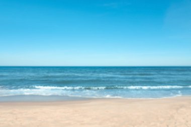 Güneşli bir günde bulanık deniz ve kumlu plaj manzarası