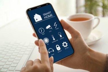 Smart Home uygulamasını kapalı mekanda cep telefonunda kullanan bir kadın.