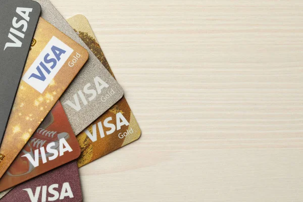 Mykolaiv Ukraine February 2022 Bank Cards Visa Pay System Wood — 스톡 사진