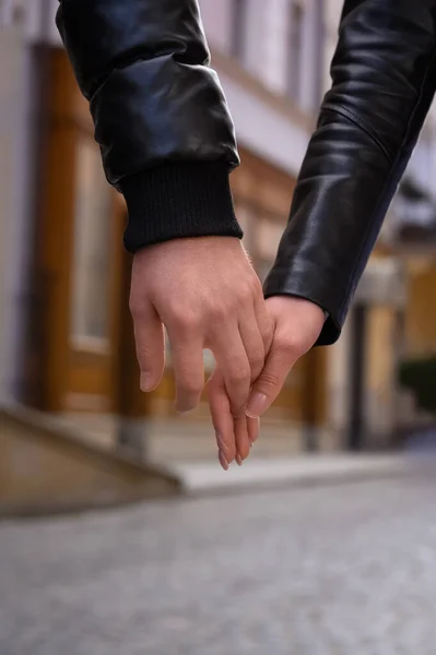 Lovely Couple Holding Hands Together Outdoors Closeup Romantic Date —  Fotos de Stock