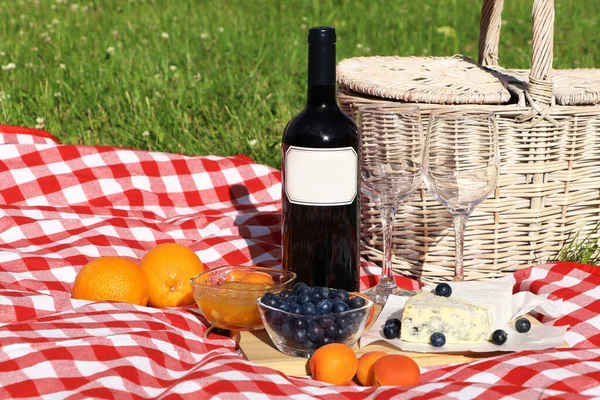 夏日户外带着美味食物和葡萄酒的野餐毯 — 图库照片