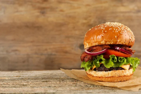 Tasty Burger Wooden Table Space Text Fast Food — Fotografia de Stock