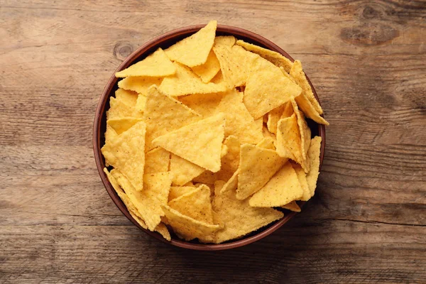 Bowl Tasty Tortilla Chips Nachos Wooden Table Top View — Stock Photo, Image