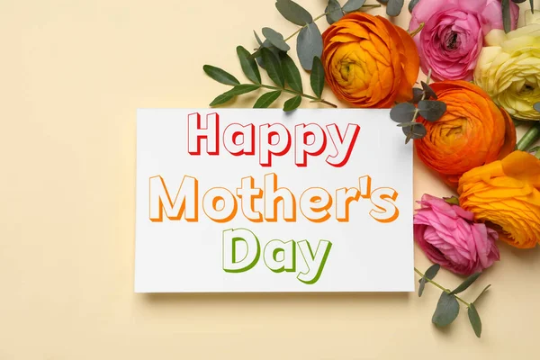 Hermosas Flores Ranúnculo Tarjeta Felicitación Feliz Día Madre Sobre Fondo — Foto de Stock