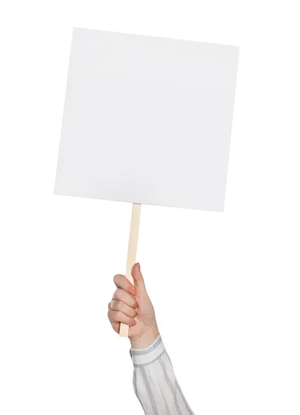 Frau Mit Leerem Protestschild Auf Weißem Hintergrund Nahaufnahme — Stockfoto