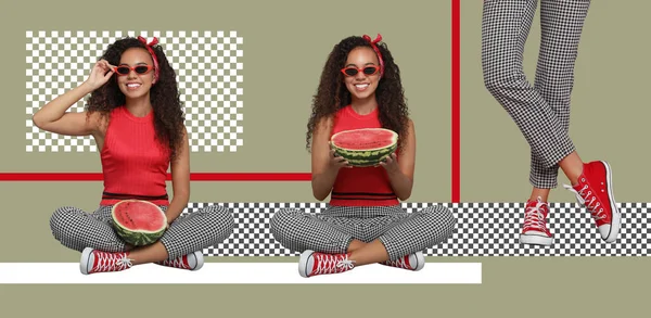 Stylish African American Woman Color Background Banner Collage Design Summer — Fotografia de Stock