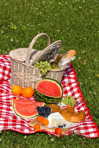 Одеяло Пикника Вкусной Едой Вином Открытом Воздухе Летний День — стоковое фото
