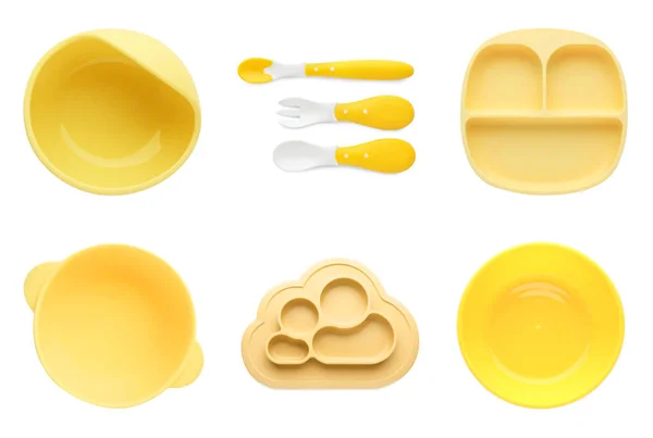 Set Yellow Dishware White Background Top View Serving Baby Food — 스톡 사진
