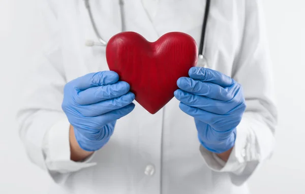 Doutor Segurando Coração Vermelho Fundo Branco Close Conceito Cardiologia — Fotografia de Stock