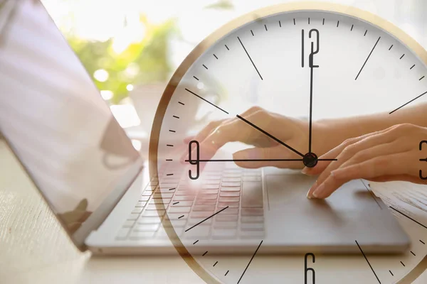 Double Exposure Woman Working Laptop Clock — Stockfoto