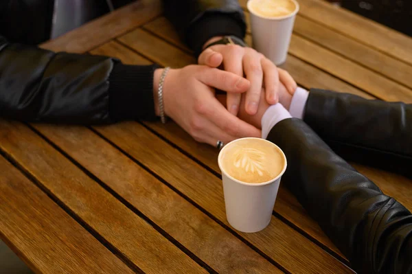 Lovely Couple Coffee Holding Hands Together Wooden Table Outdoors Closeup — Stock Photo, Image