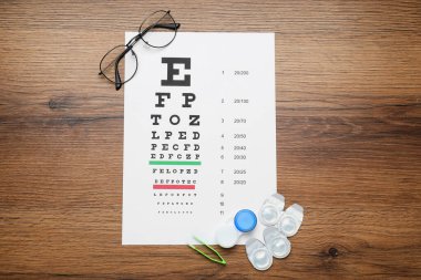 Flat lay composition with contact lenses on wooden table