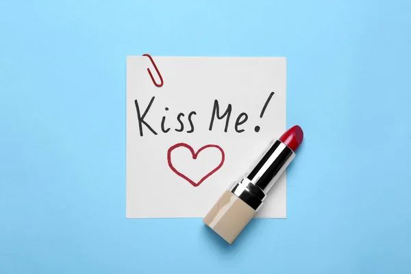 Card Phrase Kiss Drawn Heart Lipstick Light Blue Background Top — Zdjęcie stockowe