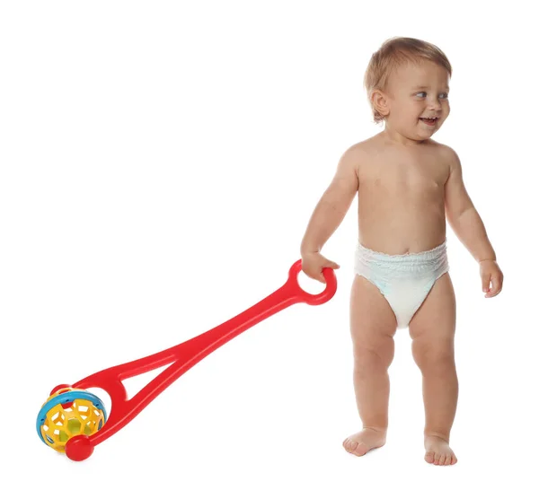 Cute Baby Push Toy Learning Walk White Background — Photo