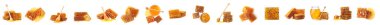 Set with fresh delicious honeycombs on white background. Banner design