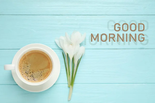 Good Morning Cup Morning Coffee Crocuses Light Blue Wooden Table —  Fotos de Stock