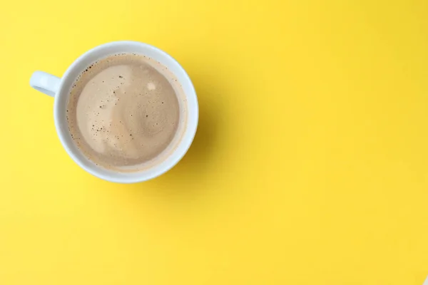 White Mug Freshly Brewed Hot Coffee Yellow Background Top View — Fotografia de Stock