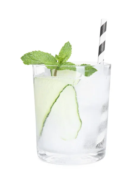 Refreshing Cucumber Water Mint Glass Isolated White — Stockfoto
