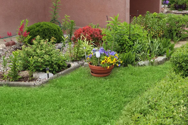 Hermosos Parterres Con Diferentes Plantas Aire Libre Jardinería Paisajismo — Foto de Stock