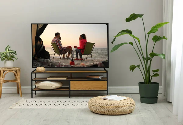 Modern Set Wooden Stand Room Scene Romantic Movie Screen — Stockfoto