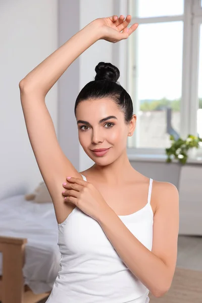Young Woman Showing Smooth Skin Epilation Indoors — Stock Photo, Image