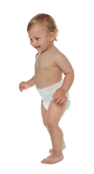 Cute Baby Diaper Learning Walk White Background — Stock Photo, Image