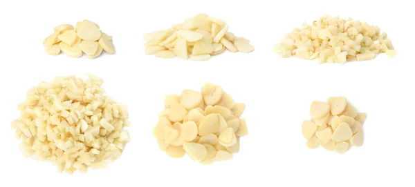 Set Cut Fresh Garlic White Background Banner Design — Fotografia de Stock