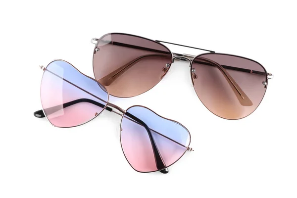 Different Stylish Sunglasses White Background Sun Protection — 스톡 사진