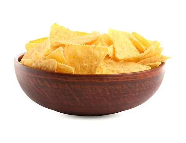 Bowl Tasty Tortilla Chips Nachos White Background — Stockfoto